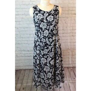 Studio I Dress Black & White Floral Print Lined Sheath Sleeveless 48" Long Size